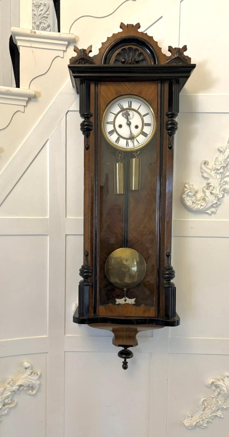 Antique Vienna Walnut Double Weight Wall Clock - Image 4